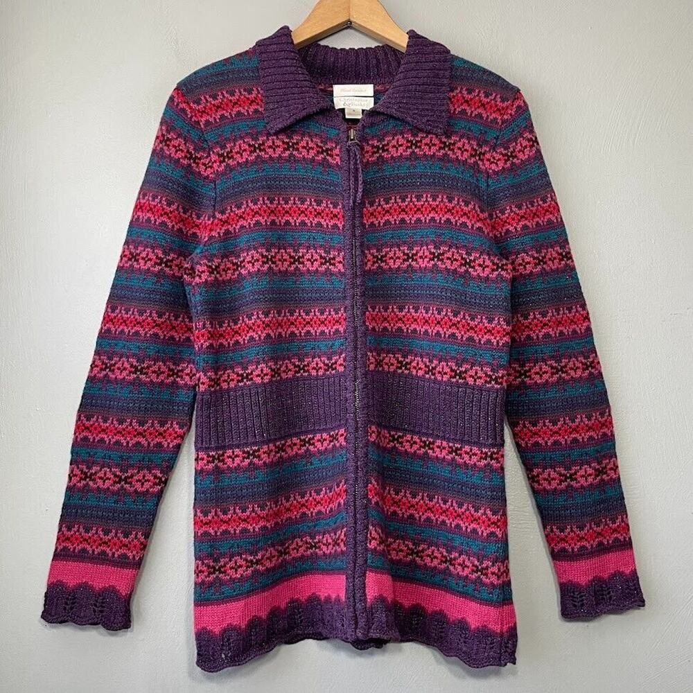 Fair Isle Metallic Cardigan Size Small Sparkle Sweater Knit Heritage Cabincore